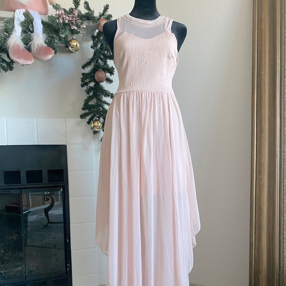 Dusty pink high-low mesh rhinestone neckline dress